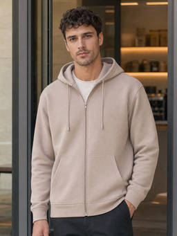 Nobero - Men Pink Solid Cotton Fleece Zipper Hoodie