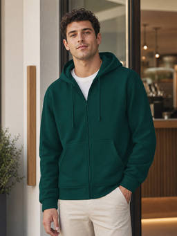 Nobero - Men Green Solid Cotton Fleece Zipper Hoodie