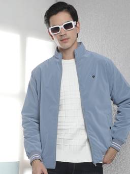 CRIMSOUNE CLUB - Men Blue Solid Bomber Jacket