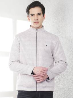 CRIMSOUNE CLUB - Men Beige Checked High Neck Bomber Jacket