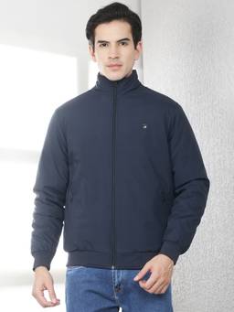 CRIMSOUNE CLUB - Men Navy Blue Checked Bomber Jacket