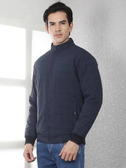 CRIMSOUNE CLUB - Men Navy Blue Checked High Neck Bomber Jacket