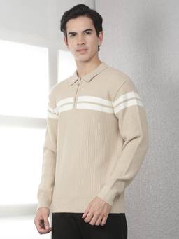 CRIMSOUNE CLUB - Men Beige Jacquard Polo Neck Acrylic Sweater