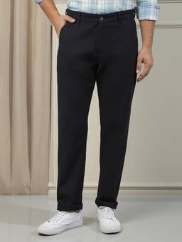 CRIMSOUNE CLUB - Men Navy Blue Cotton Stretchable Dobby Trousers