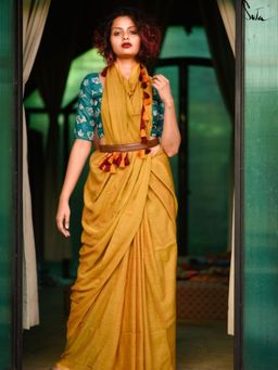 Suta - Yellow Solid Cotton Modal Saree With Tasseled Pallu and Without Blouse