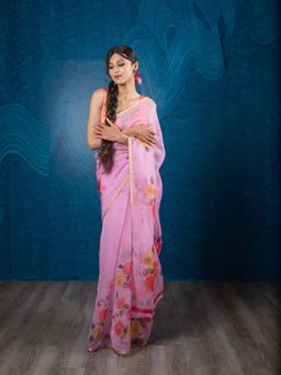 EXCLUSIVA - Pink Floral Organza Digital Print Saree Zari Border with Unstitched Blouse