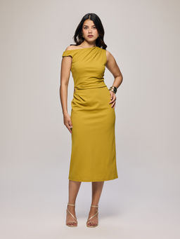Twenty Dresses by Nykaa Fashion - Green One Shoulder Ruched Midi Dress With Buckle Detail