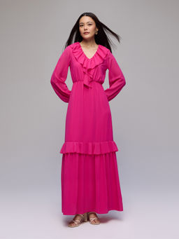 Twenty Dresses by Nykaa Fashion - Pink V-Neck Full Sleeves Ruffled Maxi Dress