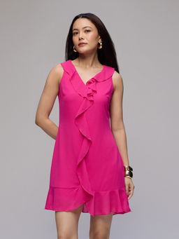 Twenty Dresses by Nykaa Fashion - Pink V-Neck Ruffle Detail Sleeveless Mini Dress
