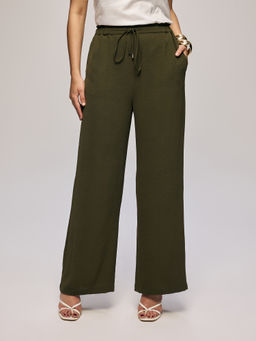 Twenty Dresses by Nykaa Fashion - Olive Crepe Textured High Waist Wide Leg Pants
