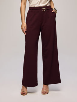 Twenty Dresses by Nykaa Fashion - Wine High Waist Wide Leg Pants With Metal Buckle Belt