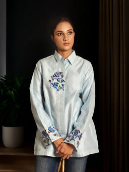 Phulkari Forever - Blue Silk Hand Embroidered Phulkari Shirt