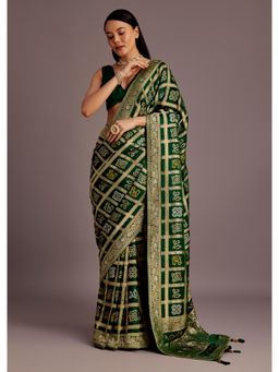 KALKI FASHION - Green Silk Bandhani Woven Saree with Unstitched Blouse