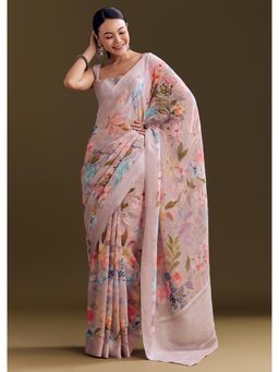 KALKI FASHION - Purple Cotton Linen Saree with Pastel Blooms with Unstitched Blouse
