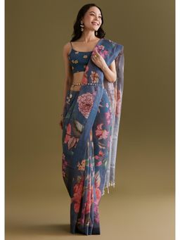 KALKI FASHION - Blue Linen Saree with Botanical Floral Prints with Unstitched Blouse