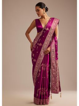 KALKI FASHION - Wine Satin Saree with Zari Woven Work with Unstitched Blouse