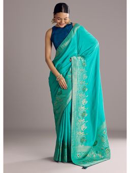 KALKI FASHION - Turquoise Blue Woven Saree with Unstitched Blouse