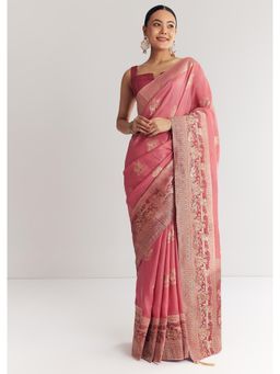 KALKI FASHION - Pink Dola Silk Saree with Butti Work with Unstitched Blouse