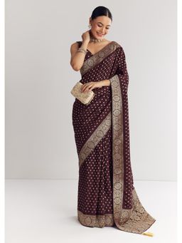 KALKI FASHION - Dark Winne Dola Silk Saree with Floral And Butti Work with Unstitched Blouse