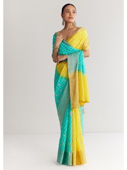 KALKI FASHION - Yellow Rama Saree with Leheriya Print with Unstitched Blouse