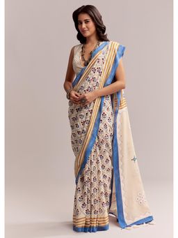 KALKI FASHION - Ivory Linen Printed Saree with Handcrafted Ajrakh Patch Work with Unstitched Blouse