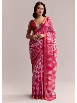 KALKI FASHION - Pink Linen Printed Saree with Authentic Shibori Print with Unstitched Blouse