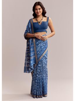 KALKI FASHION - Ink Blue Linen Printed Saree with Heritage Shibori Print with Unstitched Blouse