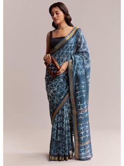 KALKI FASHION - Blue Linen Printed Saree with Hand Dyed Shibori Print with Unstitched Blouse