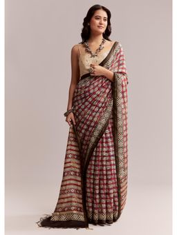 KALKI FASHION - Maroon Linen Printed Saree with Traditional Ajrakh Print with Unstitched Blouse