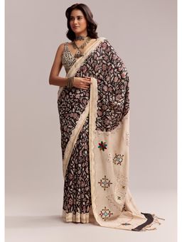 KALKI FASHION - Black Linen Printed Saree with Heritage Floral Ajrakh Print with Unstitched Blouse