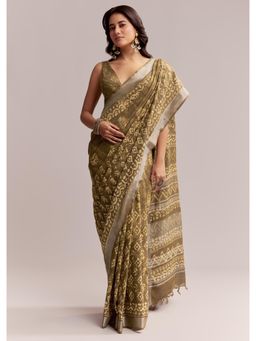 KALKI FASHION - Olive Green Linen Printed Saree with Heritage Ajrakh Print with Unstitched Blouse