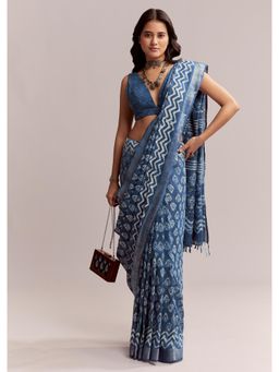 KALKI FASHION - Blue Linen Printed Saree with Traditional Ajrakh Leaf Print with Unstitched Blouse