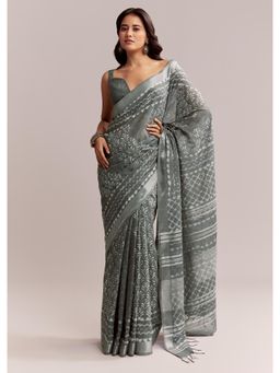 KALKI FASHION - Grey Linen Printed Saree with Authentic Ajrakh Geometric Print with Unstitched Blouse