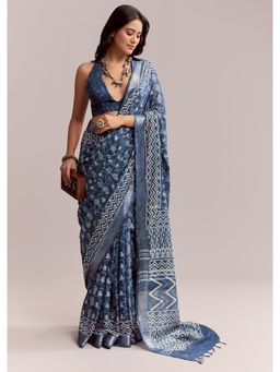 KALKI FASHION - Blue Linen Printed Saree with Heritage Ajrakh Leaf Print with Unstitched Blouse
