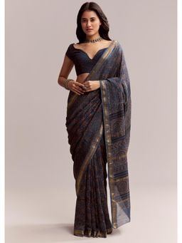 KALKI FASHION - Ink Blue Linen Printed Saree with Hand Block Ajrakh Leaf Print with Unstitched Blouse