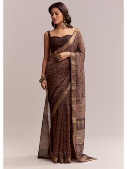 KALKI FASHION - Dark Brown Linen Printed Saree with Authentic Ajrakh Print with Unstitched Blouse