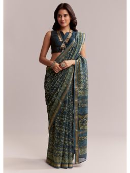 KALKI FASHION - Midnight Blue Linen Printed Saree with Ajrakh Print with Unstitched Blouse
