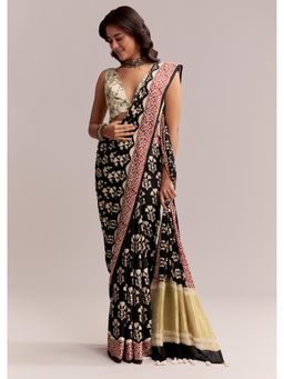 KALKI FASHION - Black Linen Printed Saree with Hand Block Ajrakh Leaf Print with Unstitched Blouse