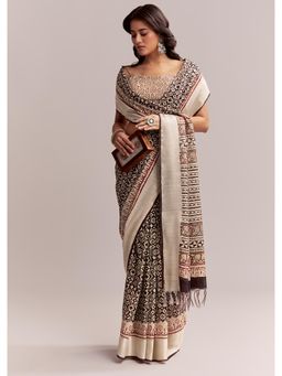 KALKI FASHION - Black Linen Printed Saree with Authentic Ajrakh Print with Unstitched Blouse