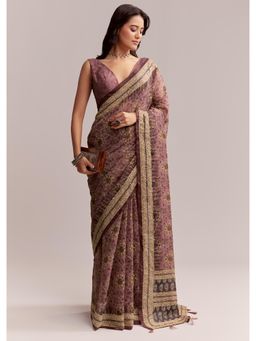 KALKI FASHION - Onion Pink Linen Printed Saree with Traditional Ajrakh Print with Unstitched Blouse