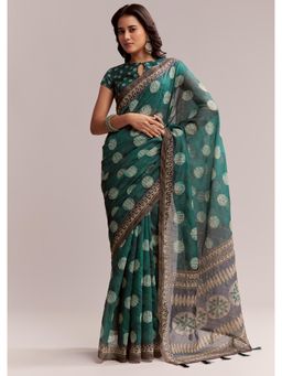 KALKI FASHION - Teal Green Linen Printed Saree with Handcrafted Ajrakh Work with Unstitched Blouse