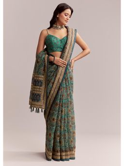 KALKI FASHION - Green Linen Printed Saree with Heritage Ajrakh Work with Unstitched Blouse