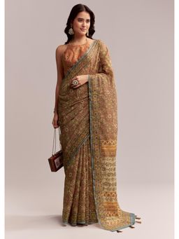 KALKI FASHION - Peach Linen Printed Saree with Authentic Ajrakh Work with Unstitched Blouse