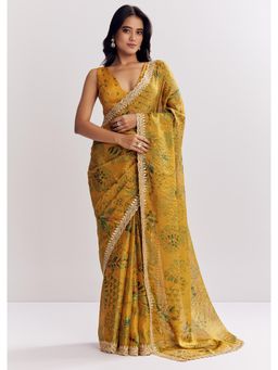 KALKI FASHION - Yellow Printed Tissue Lurex Saree with Zari Mirror with Unstitched Blouse