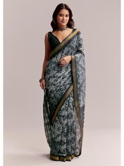 KALKI FASHION - Midnight Black Linen Printed Saree with Shibori Print with Unstitched Blouse