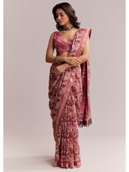 KALKI FASHION - Pink Linen Printed Saree with Ajrakh Hand Block Print with Unstitched Blouse