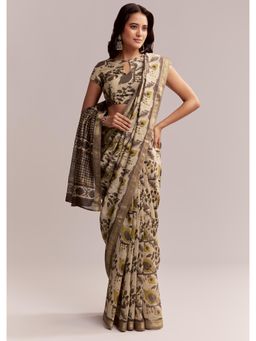 KALKI FASHION - Beige Linen Printed Saree with Hand Block Ajrakh Print with Unstitched Blouse
