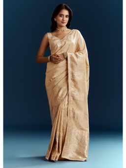 KALKI FASHION - Beige Dola Silk Brocade Saree with Gota Patti Work with Unstitched Blouse