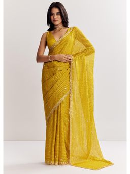 KALKI FASHION - Mustard Yellow Georgette Saree with Mirror Gota Patti Work with Unstitched Blouse