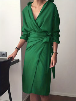 Outzidr - Green Shirt Wrap Dress With Tie Up